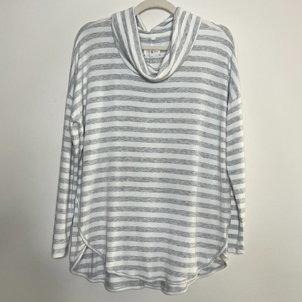 Lou & Grey Cowlneck Loose Flowy Striped Stretch Jersey Knit Curved Hem Top
